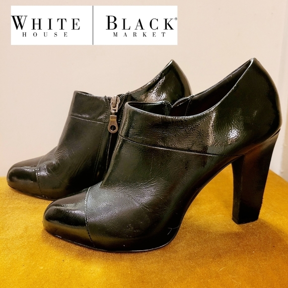 White House Black Market Shoes - WHBM Chic Black Patent Leather Side Zip Slant Heel Ankle Bootie